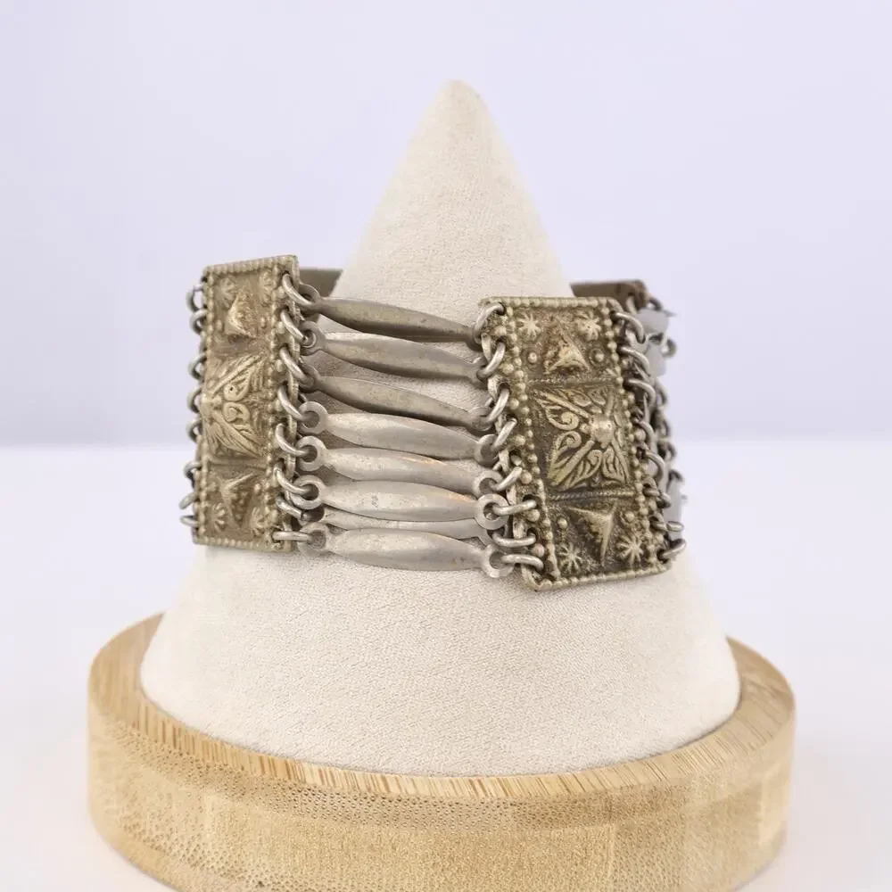 Vintage‎ Sterling Silver Mexico Panel Bracelet Wide Tribal Ethnic Link Cuff 8”